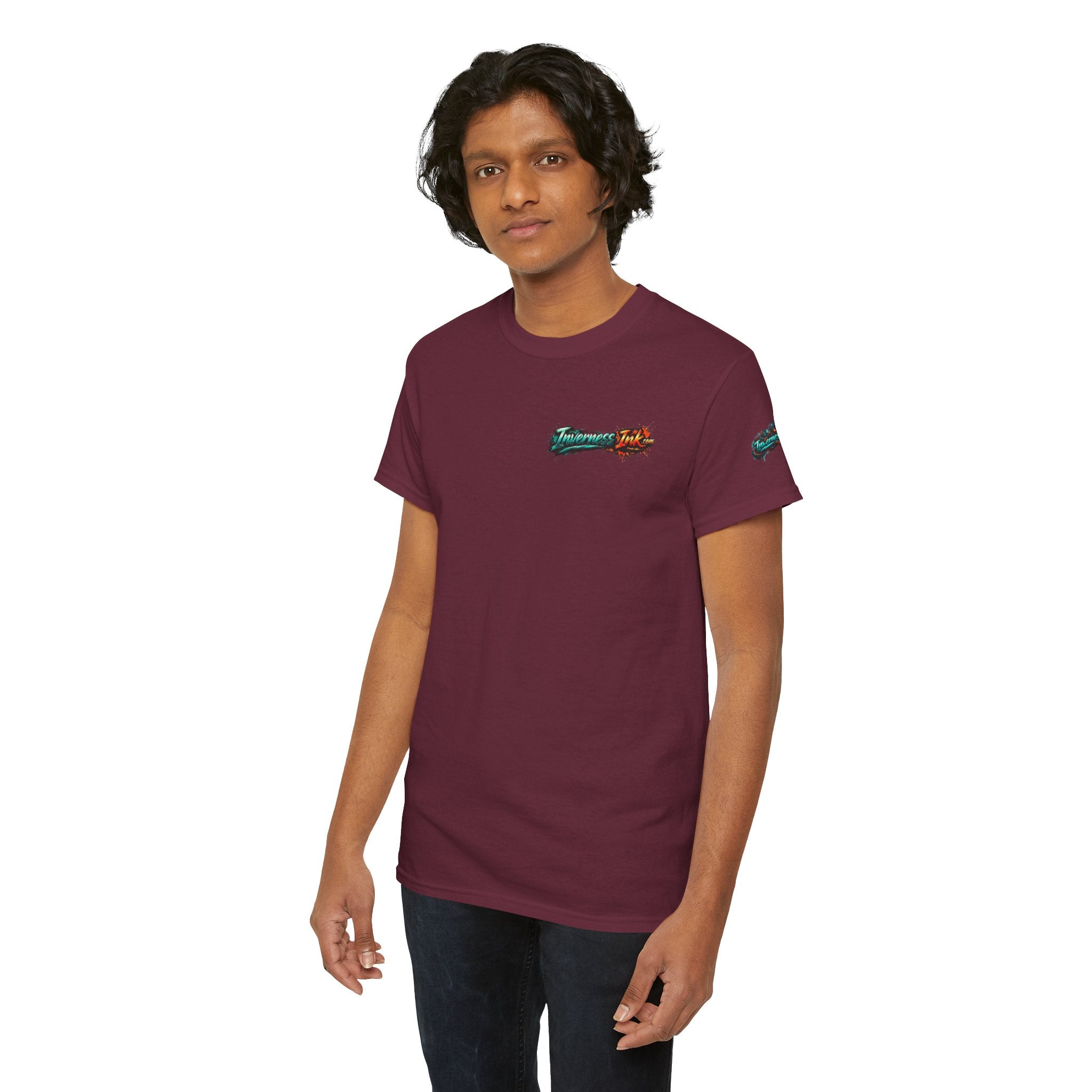 Inverness Ink Graphic Tee — Bold Blue & Orange Splash Backprint