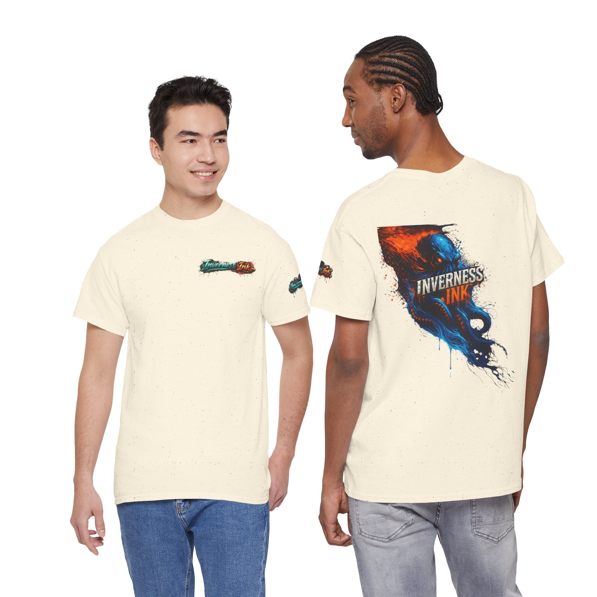 Inverness Ink Graphic Tee — Bold Blue & Orange Splash Backprint