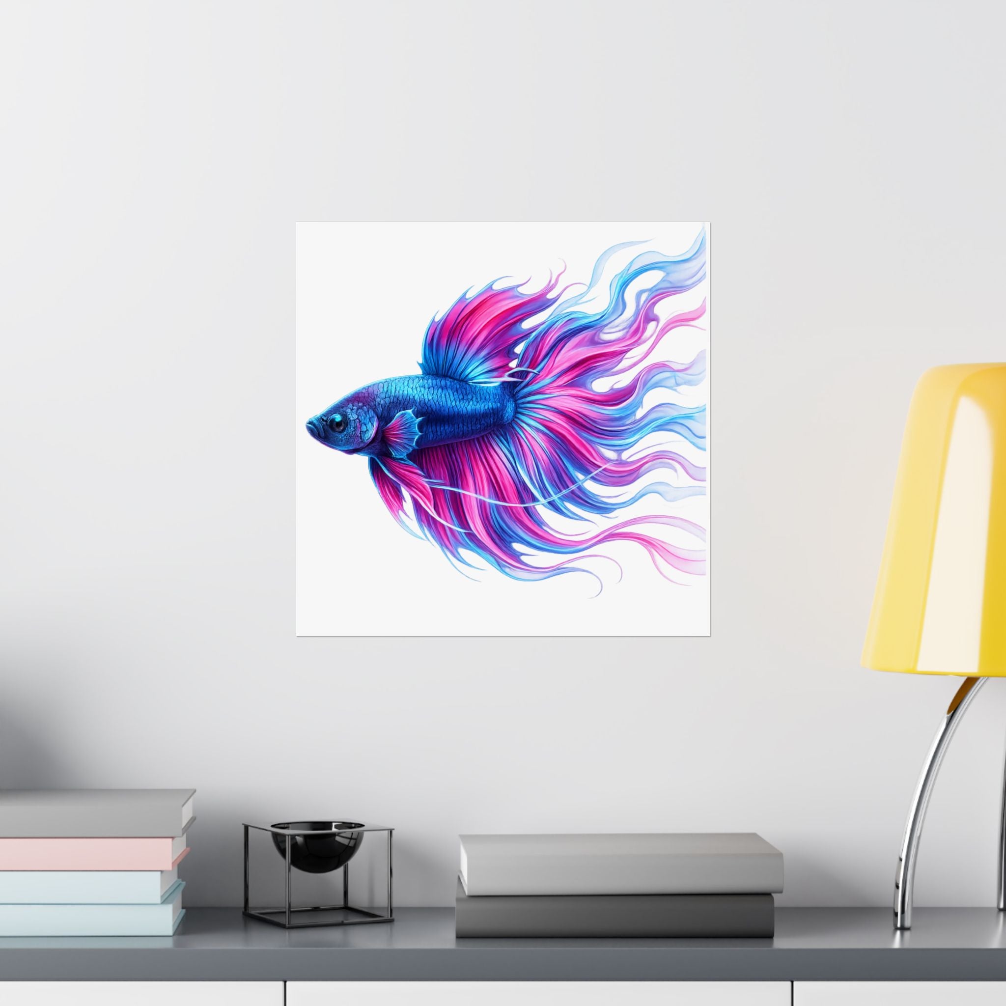 Betta Fish Art Poster — Colorful Blue & Pink Matte Vertical Wall Print