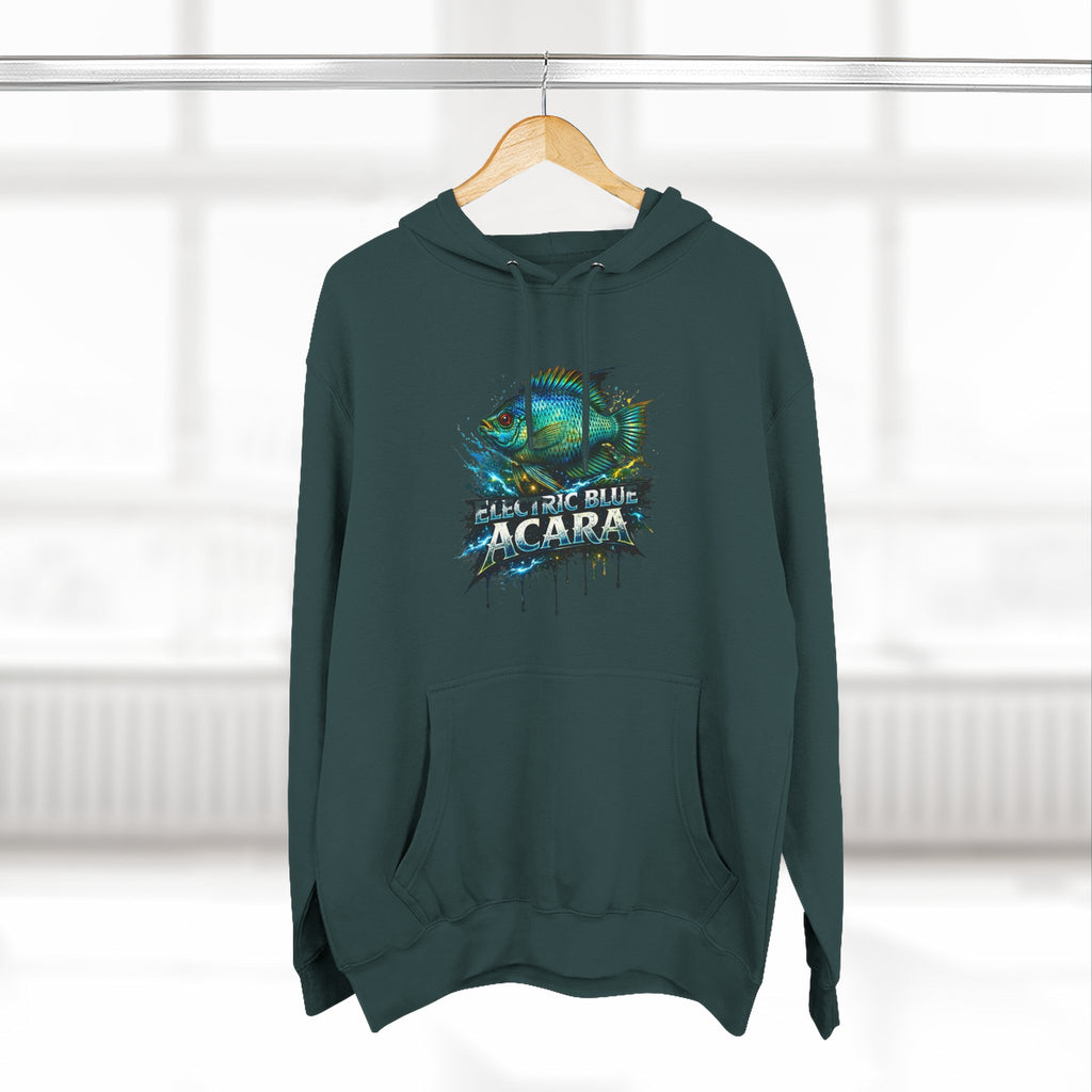 Electric Blue Acara Hoodie — Colorful Aquarium Fish Graphic Fleece Pullover