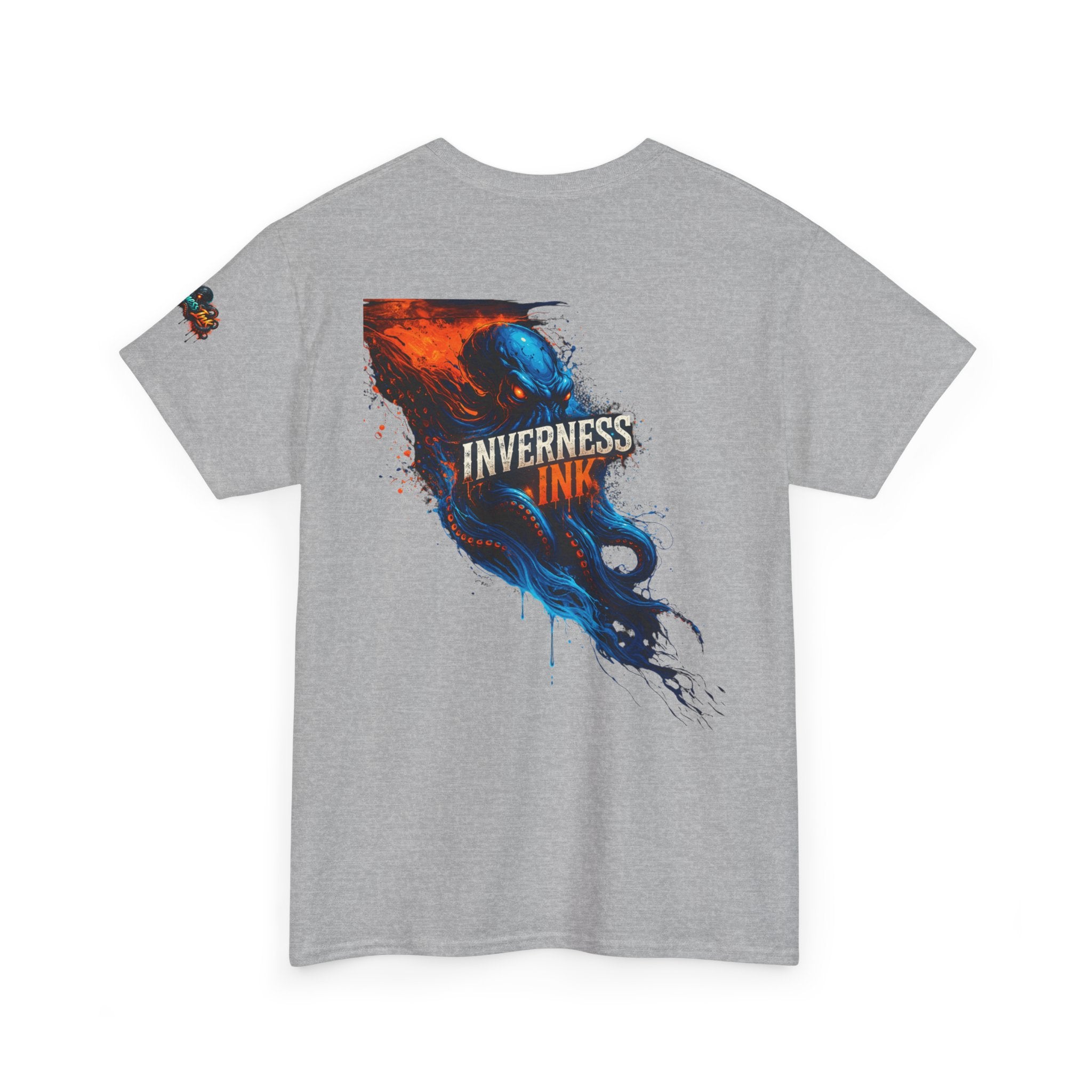Inverness Ink Graphic Tee — Bold Blue & Orange Splash Backprint