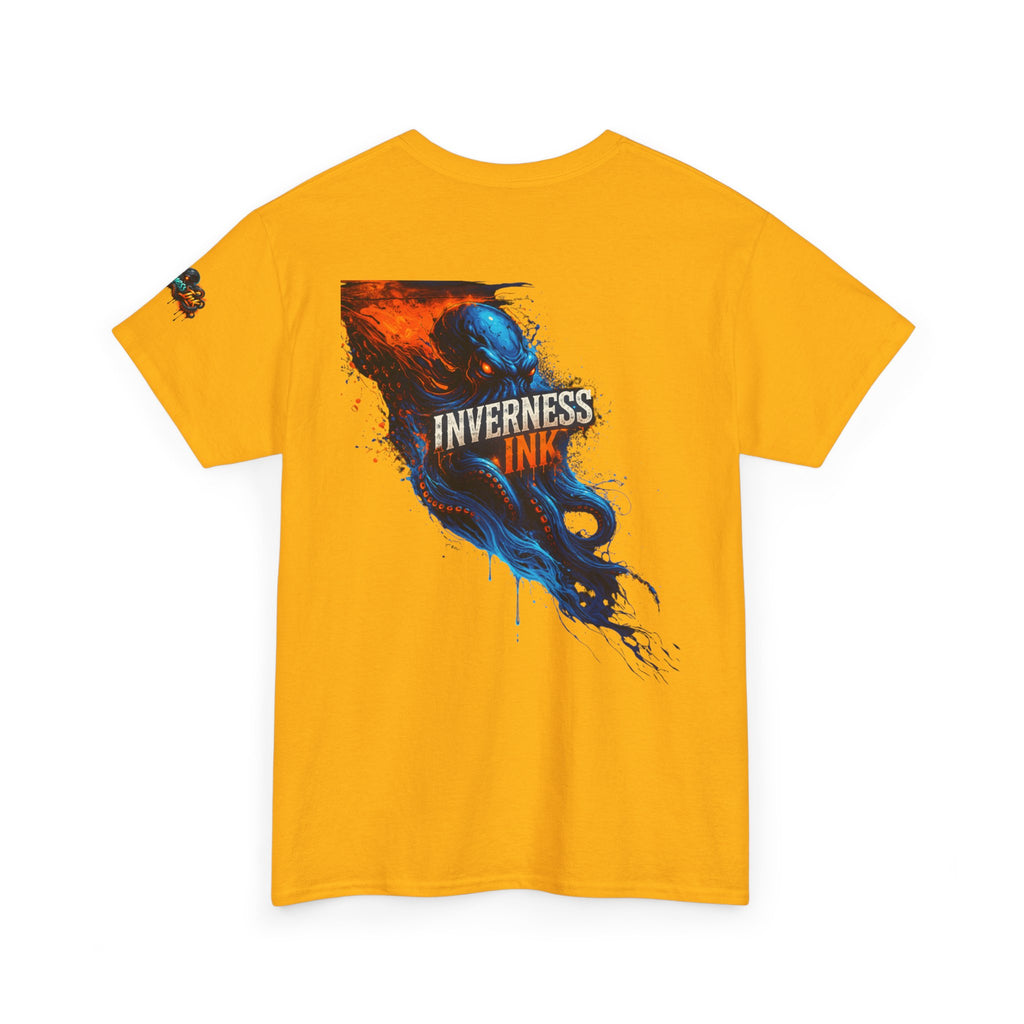 Inverness Ink Graphic Tee — Bold Blue & Orange Splash Backprint