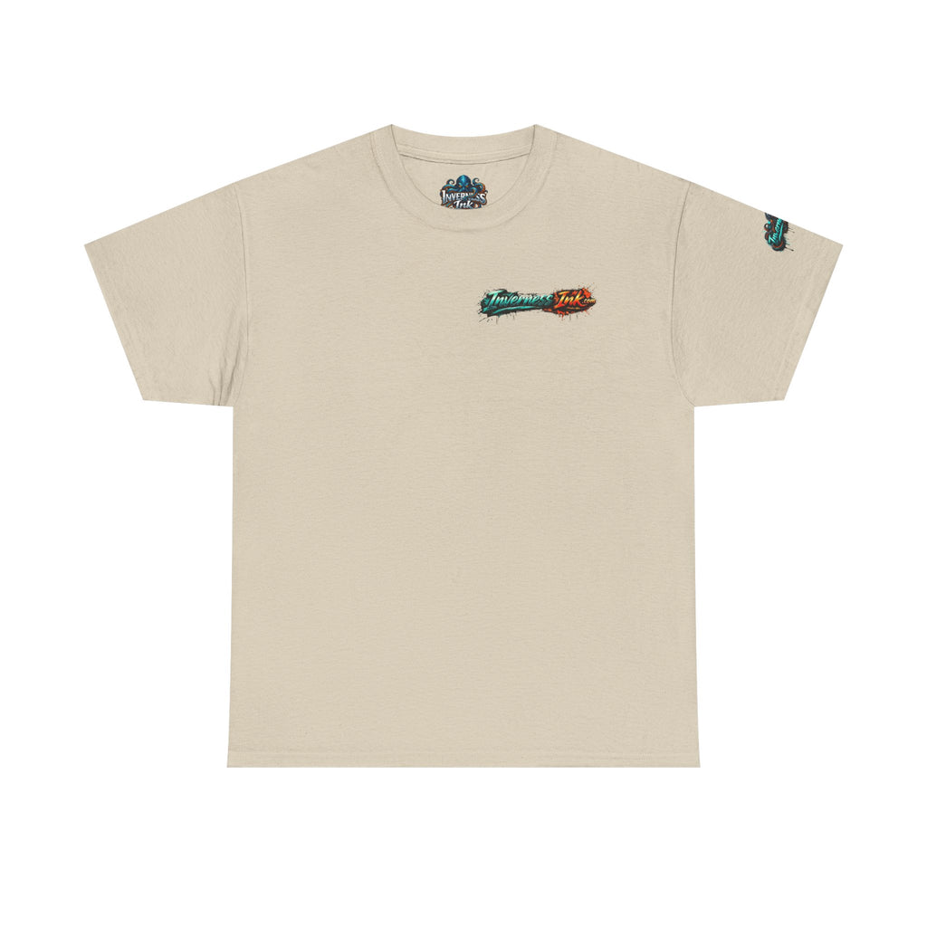 Inverness Ink Graphic Tee — Bold Blue & Orange Splash Backprint