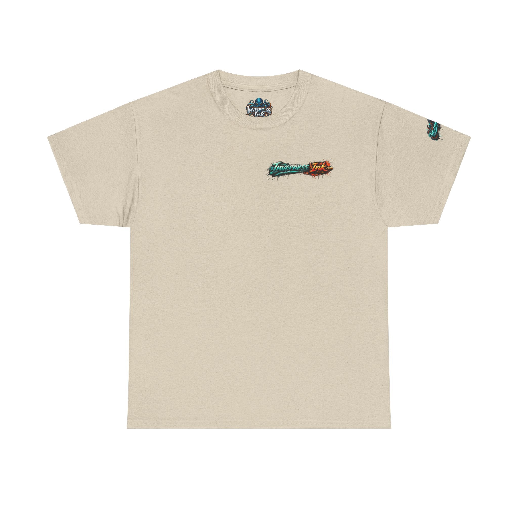 Inverness Ink Graphic Tee — Bold Blue & Orange Splash Backprint