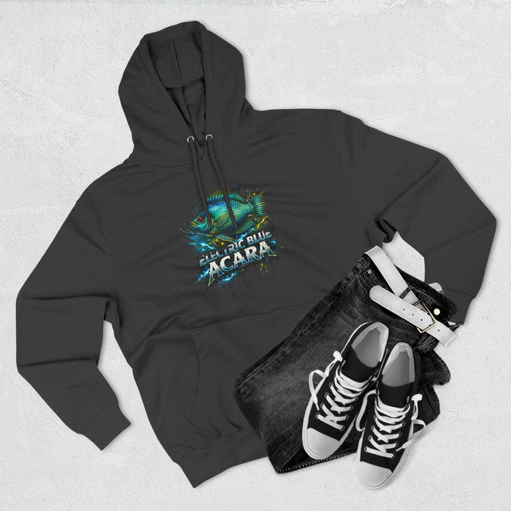 Electric Blue Acara Hoodie — Colorful Aquarium Fish Graphic Fleece Pullover