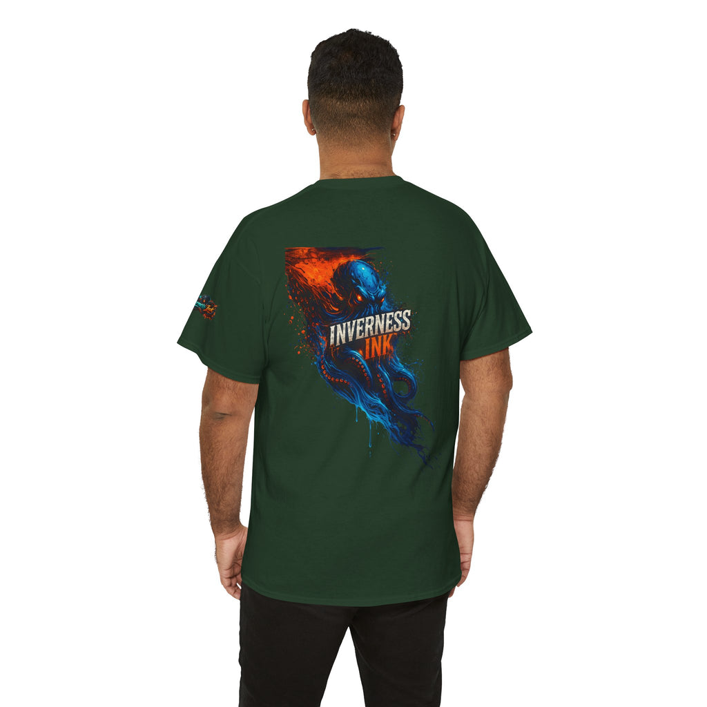 Inverness Ink Graphic Tee — Bold Blue & Orange Splash Backprint
