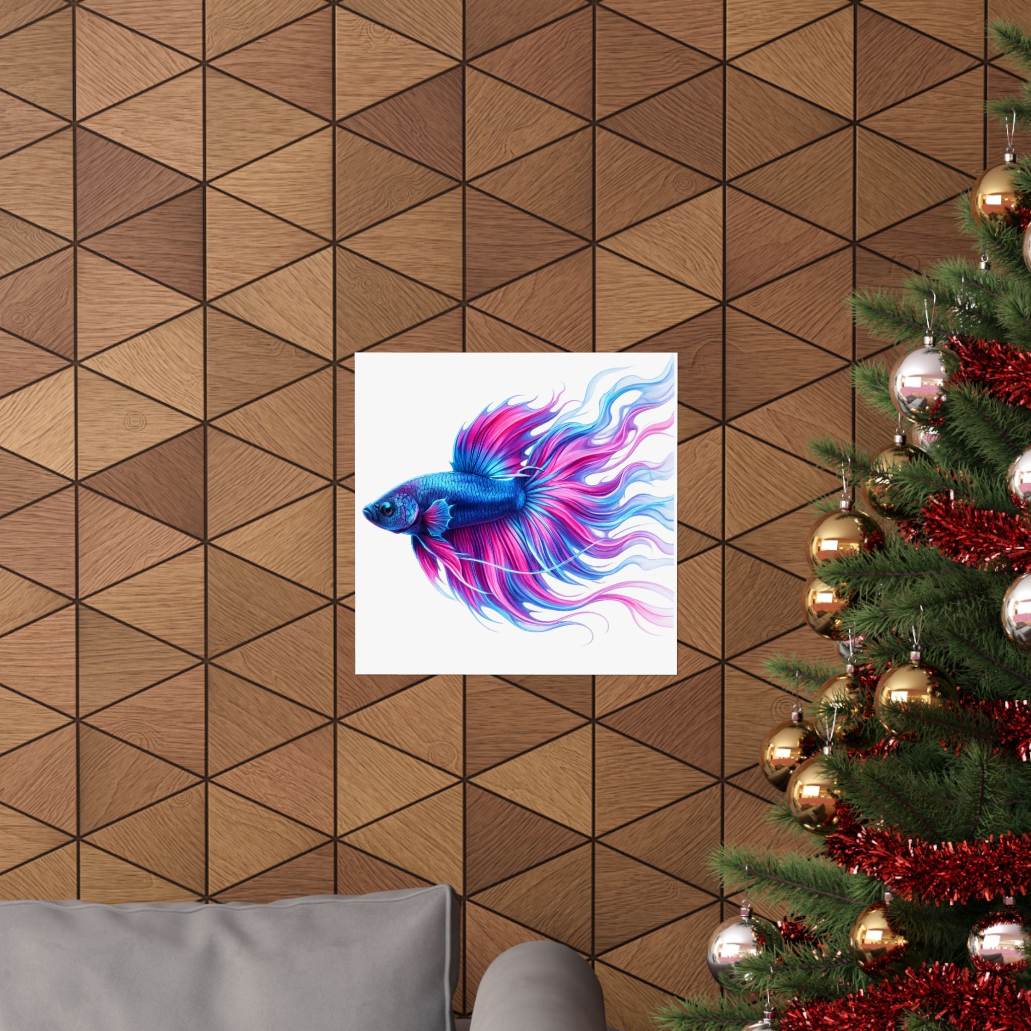 Betta Fish Art Poster — Colorful Blue & Pink Matte Vertical Wall Print
