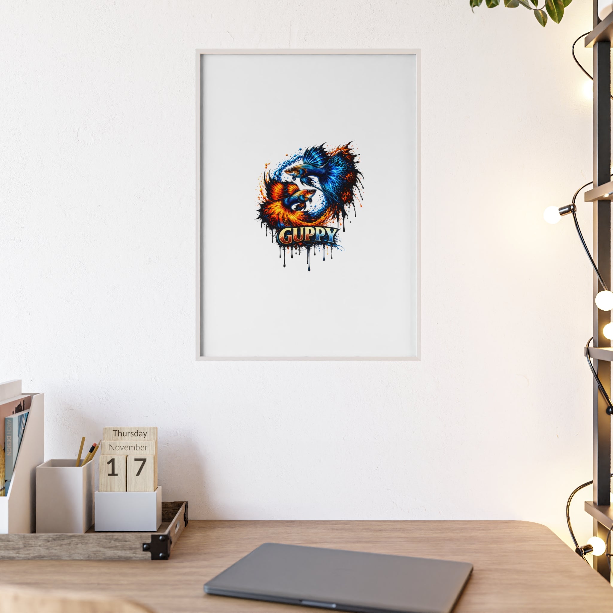 Guppy Fish Art Poster with Wooden Frame — Colorful Koi-Style Aquarium Print