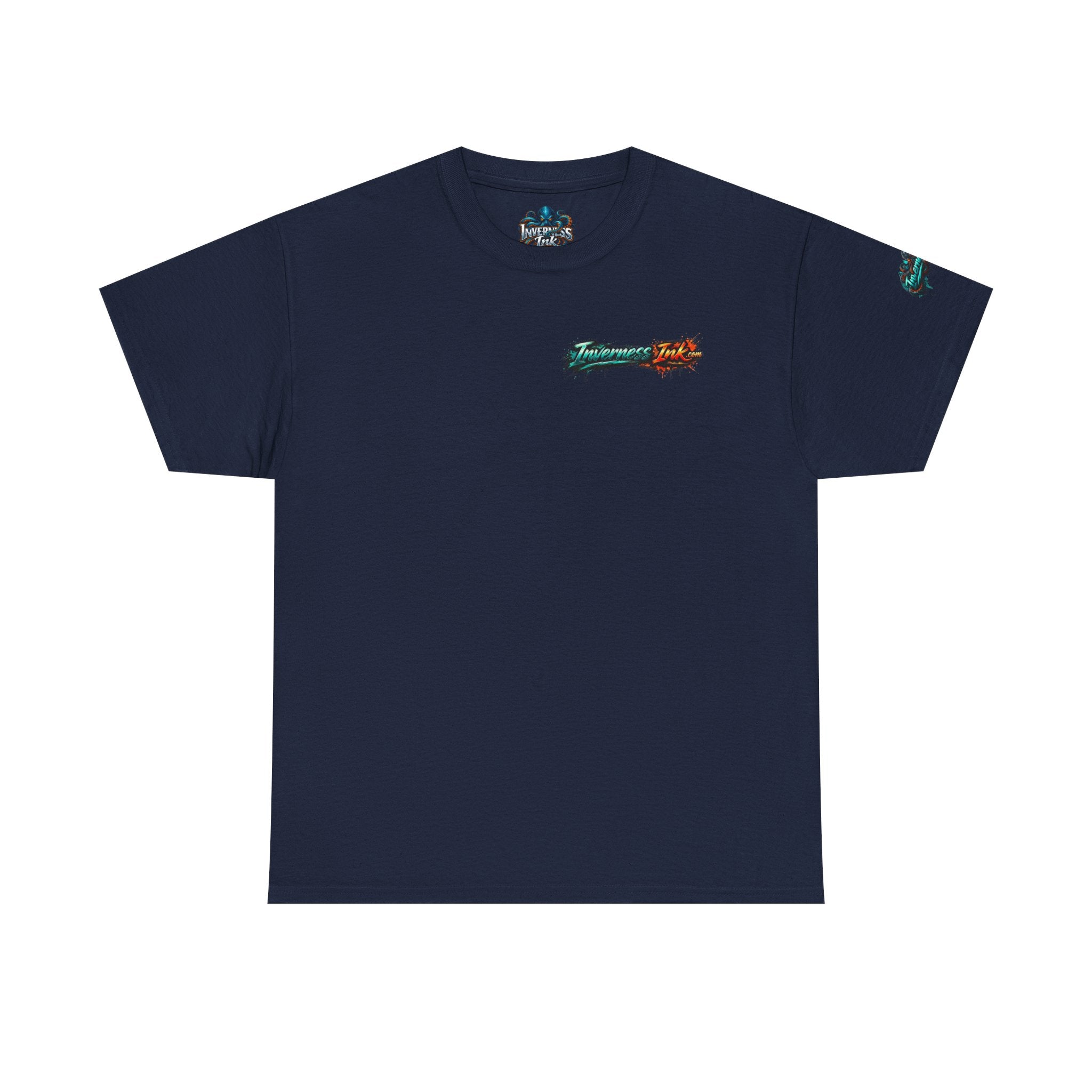 Inverness Ink Graphic Tee — Bold Blue & Orange Splash Backprint