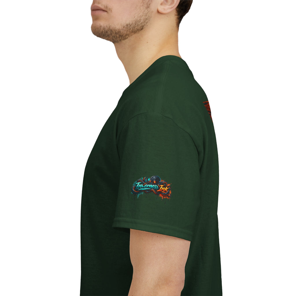 Inverness Ink Graphic Tee — Bold Blue & Orange Splash Backprint