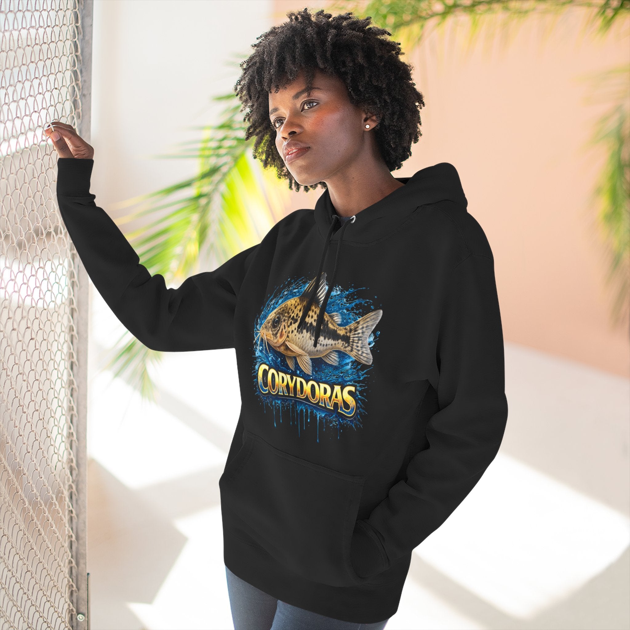 Peppered Corydoras Midweight Fleece Hoodie — Aquatic Catfish Illustration Pullover