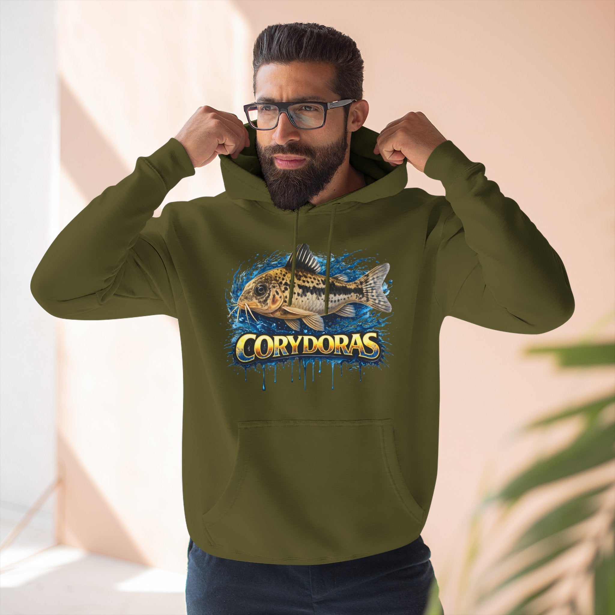 Peppered Corydoras Midweight Fleece Hoodie — Aquatic Catfish Illustration Pullover