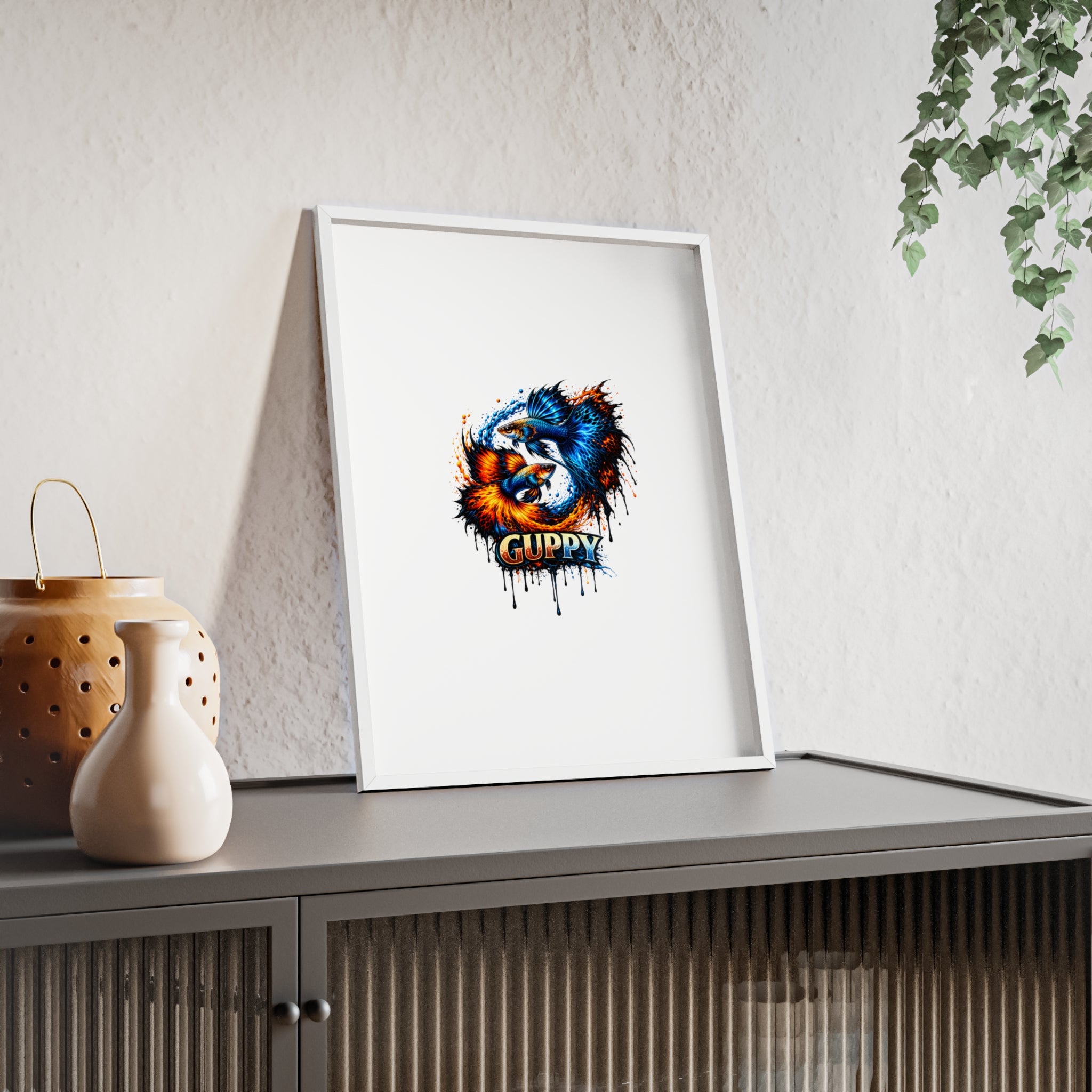 Guppy Fish Art Poster with Wooden Frame — Colorful Koi-Style Aquarium Print