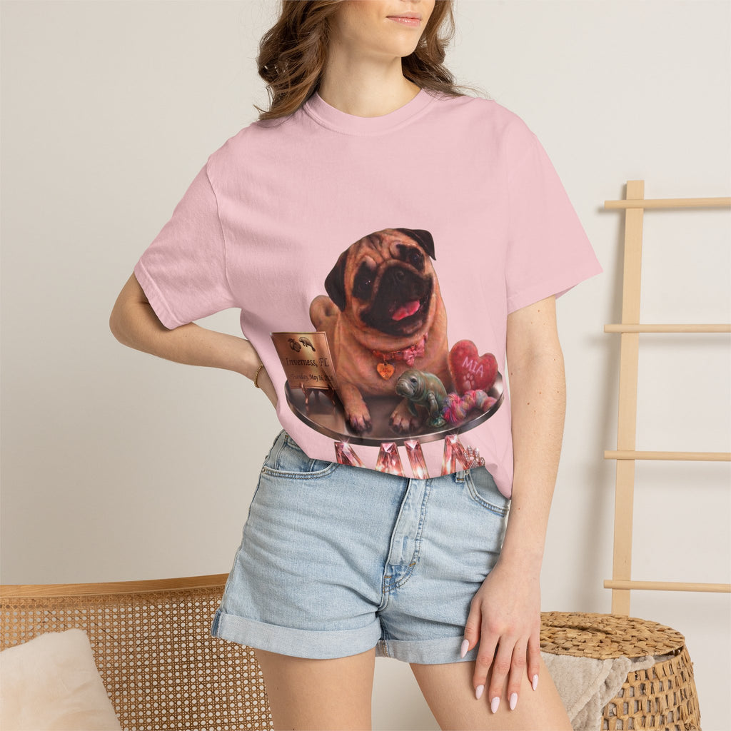 Pug Pet Portrait T-Shirt — Personalized "MIA" Dog Design