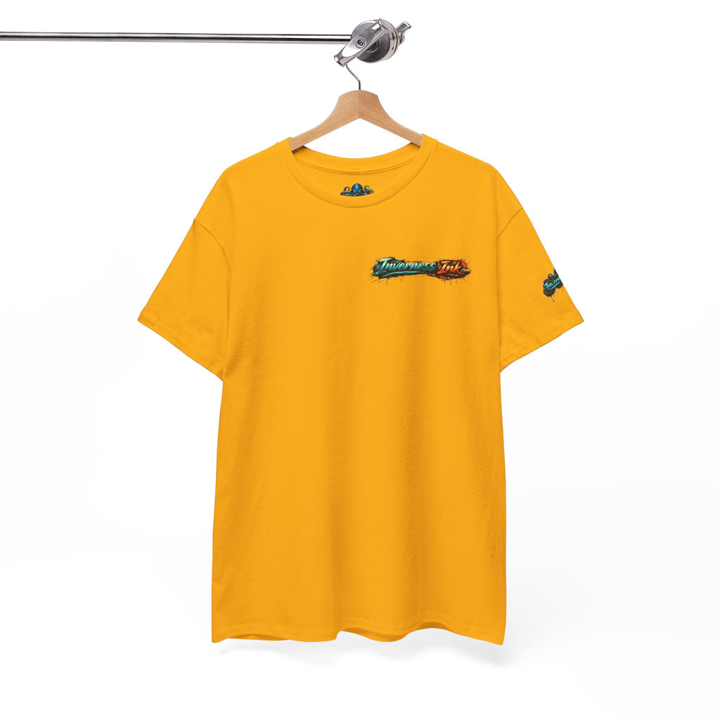 Inverness Ink Graphic Tee — Bold Blue & Orange Splash Backprint