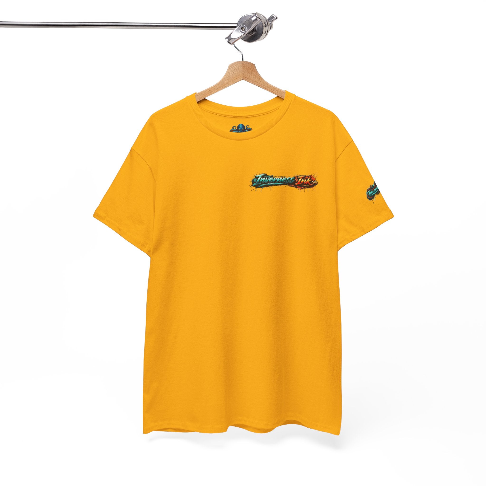 Inverness Ink Graphic Tee — Bold Blue & Orange Splash Backprint
