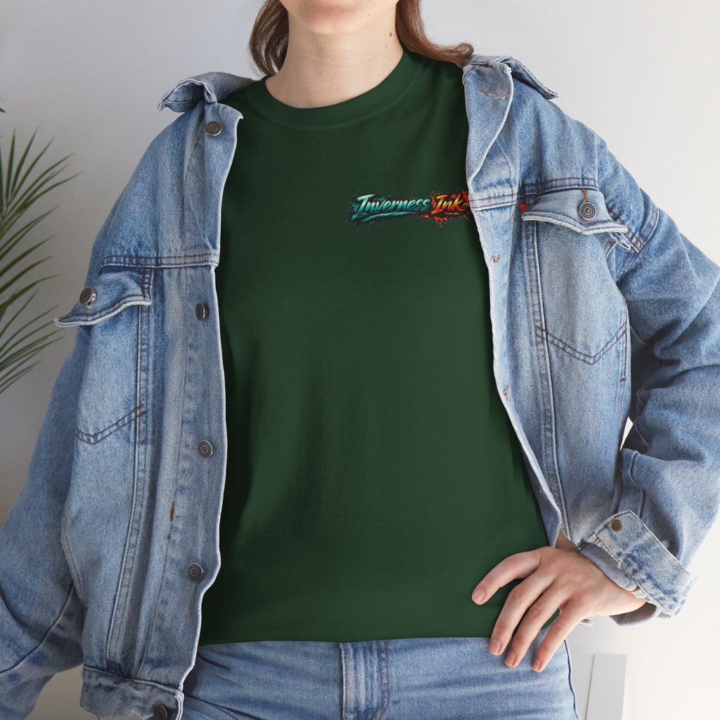 Inverness Ink Graphic Tee — Bold Blue & Orange Splash Backprint