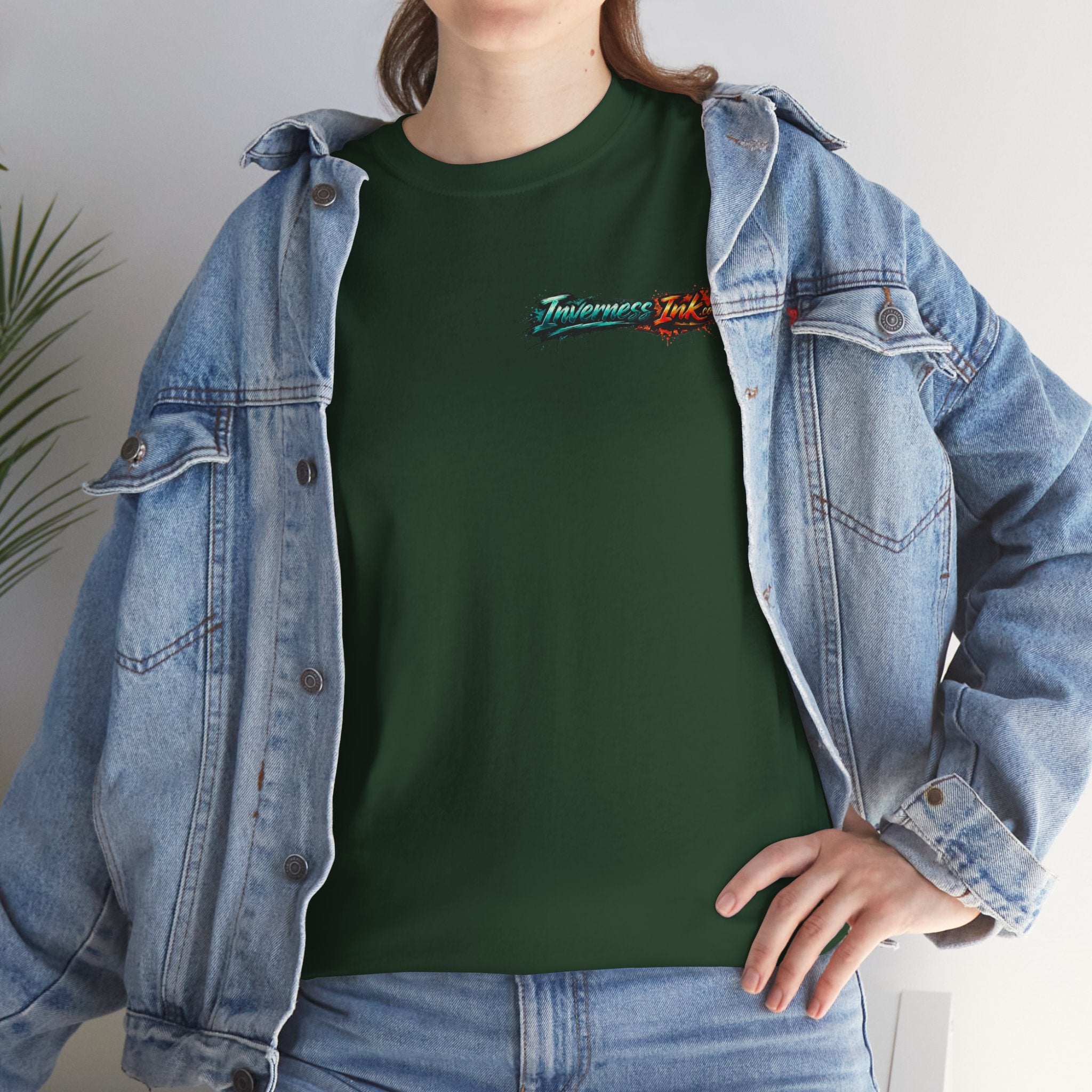 Inverness Ink Graphic Tee — Bold Blue & Orange Splash Backprint