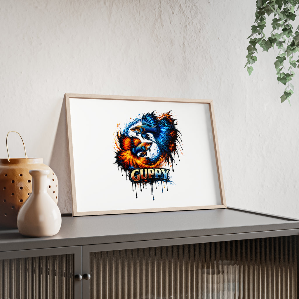 Guppy Fish Art Poster with Wooden Frame — Colorful Koi-Style Aquarium Print