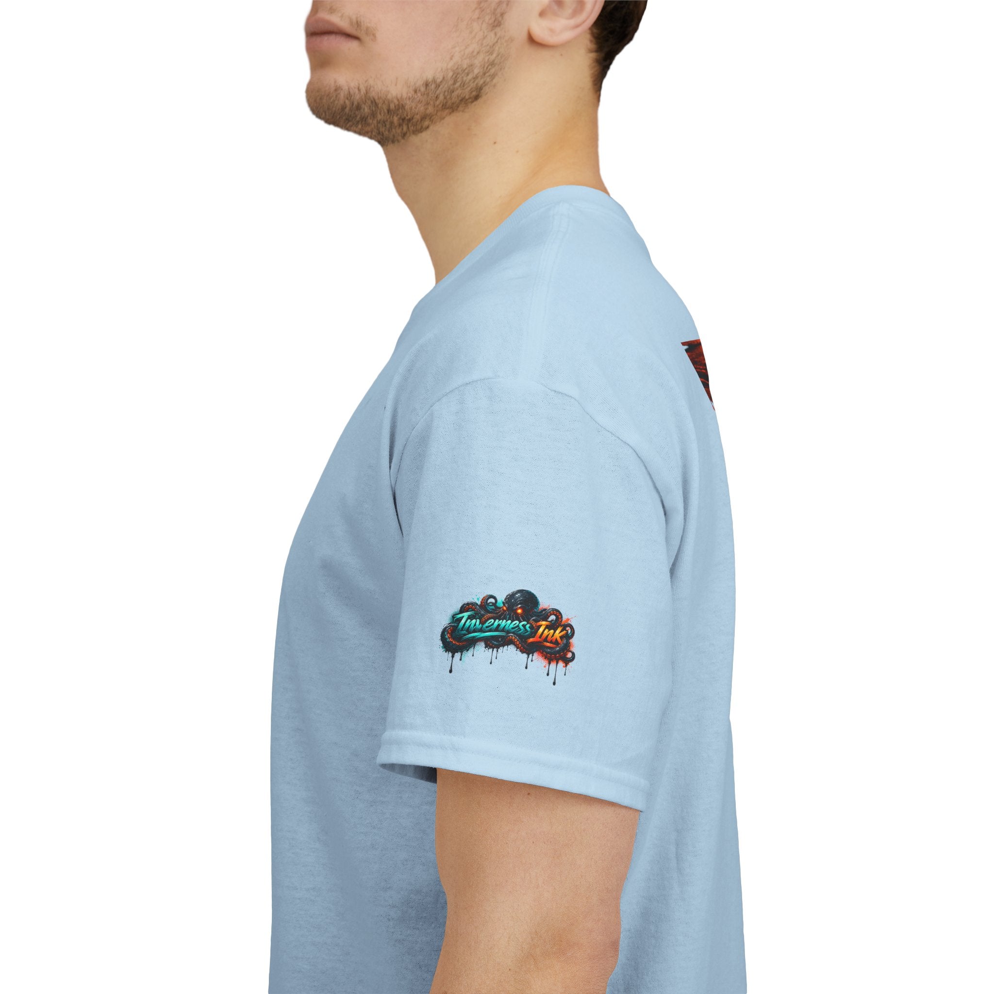 Inverness Ink Graphic Tee — Bold Blue & Orange Splash Backprint
