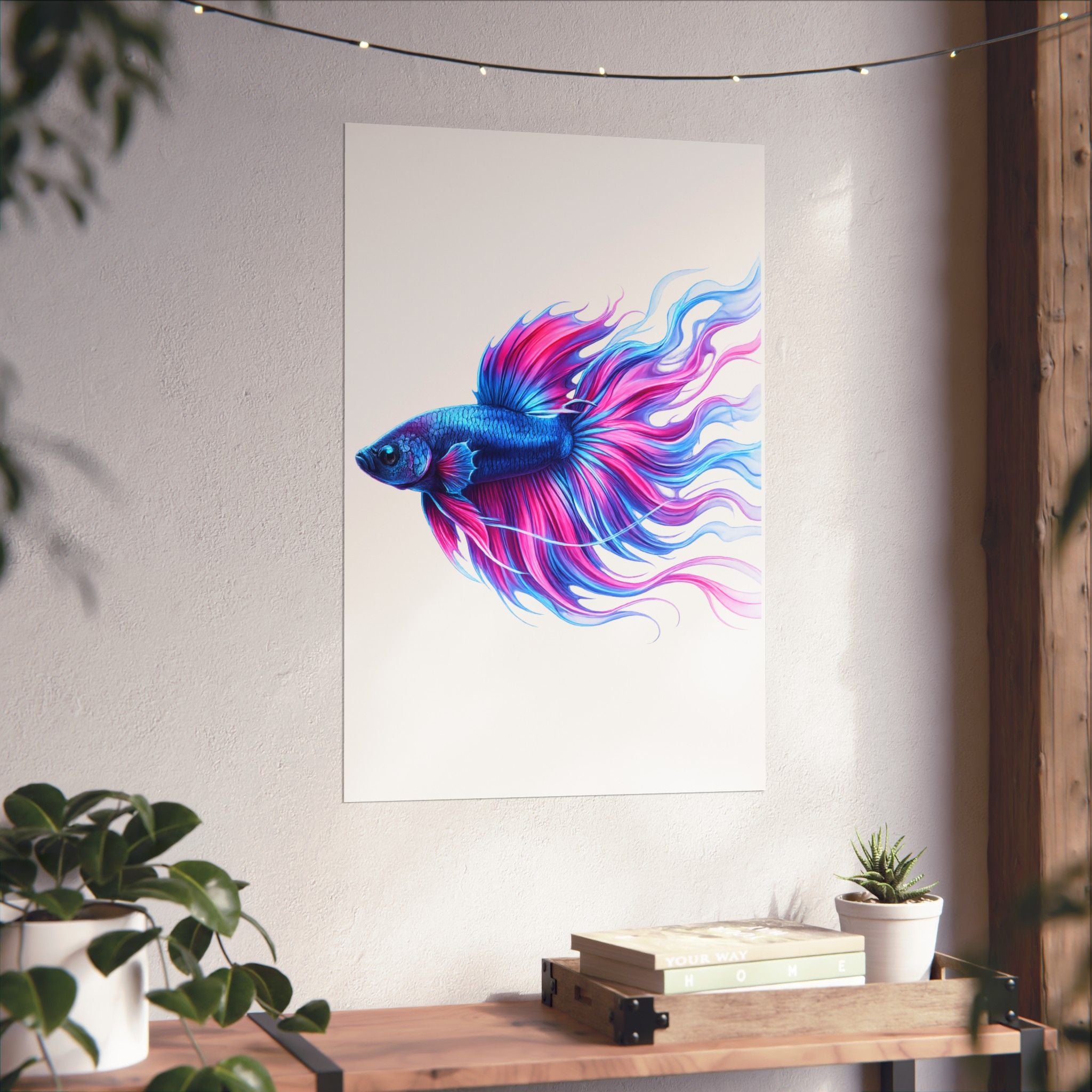 Betta Fish Art Poster — Colorful Blue & Pink Matte Vertical Wall Print