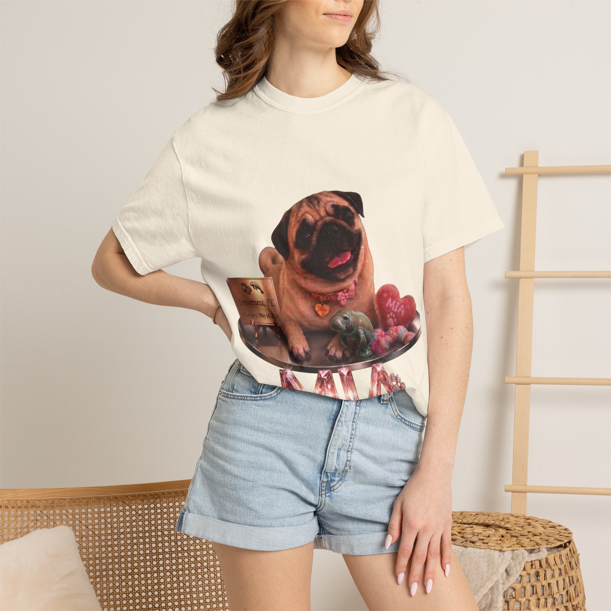 Pug Pet Portrait T-Shirt — Personalized "MIA" Dog Design