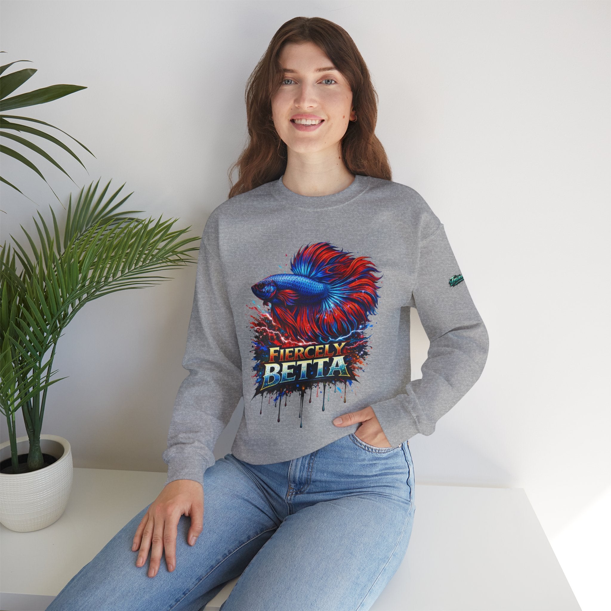 Betta Fish Crewneck Sweatshirt — "Fiercely Betta" Colorful Aquarium Graphic