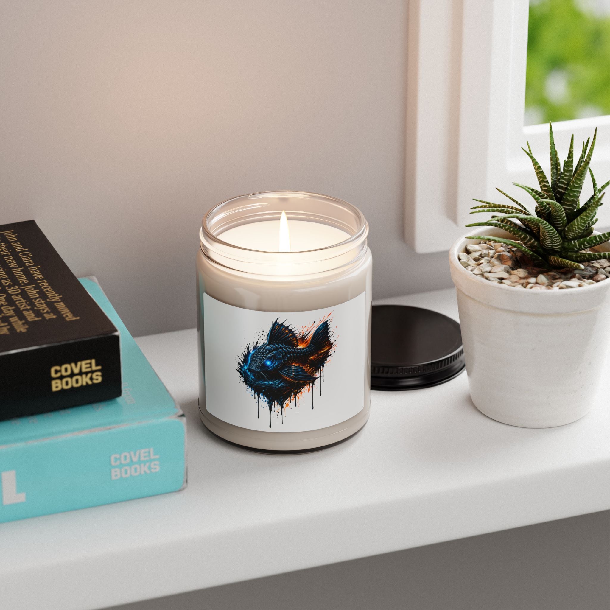 9oz Scented Soy Candle — Blue Neon Fish Art (Aquatic Drip Design) L-185