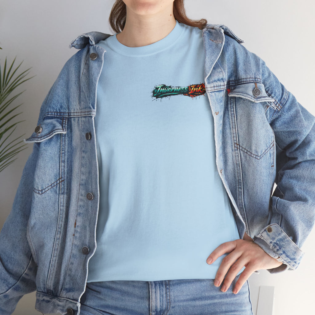 Inverness Ink Graphic Tee — Bold Blue & Orange Splash Backprint
