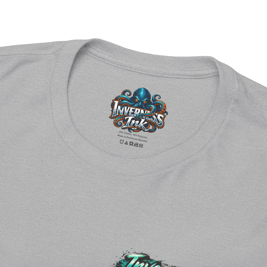 Inverness Ink Graphic Tee — Bold Blue & Orange Splash Backprint