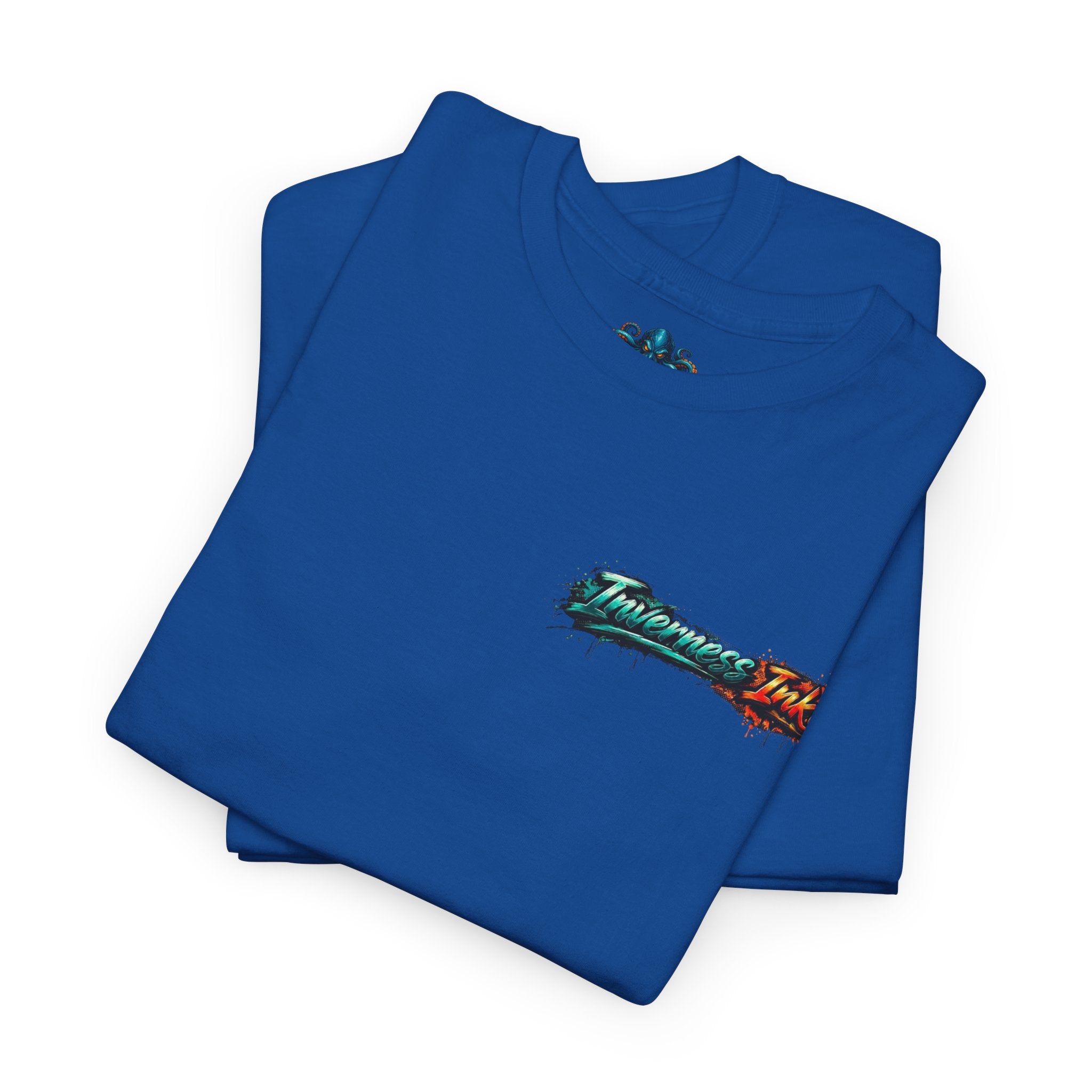 Inverness Ink Graphic Tee — Bold Blue & Orange Splash Backprint