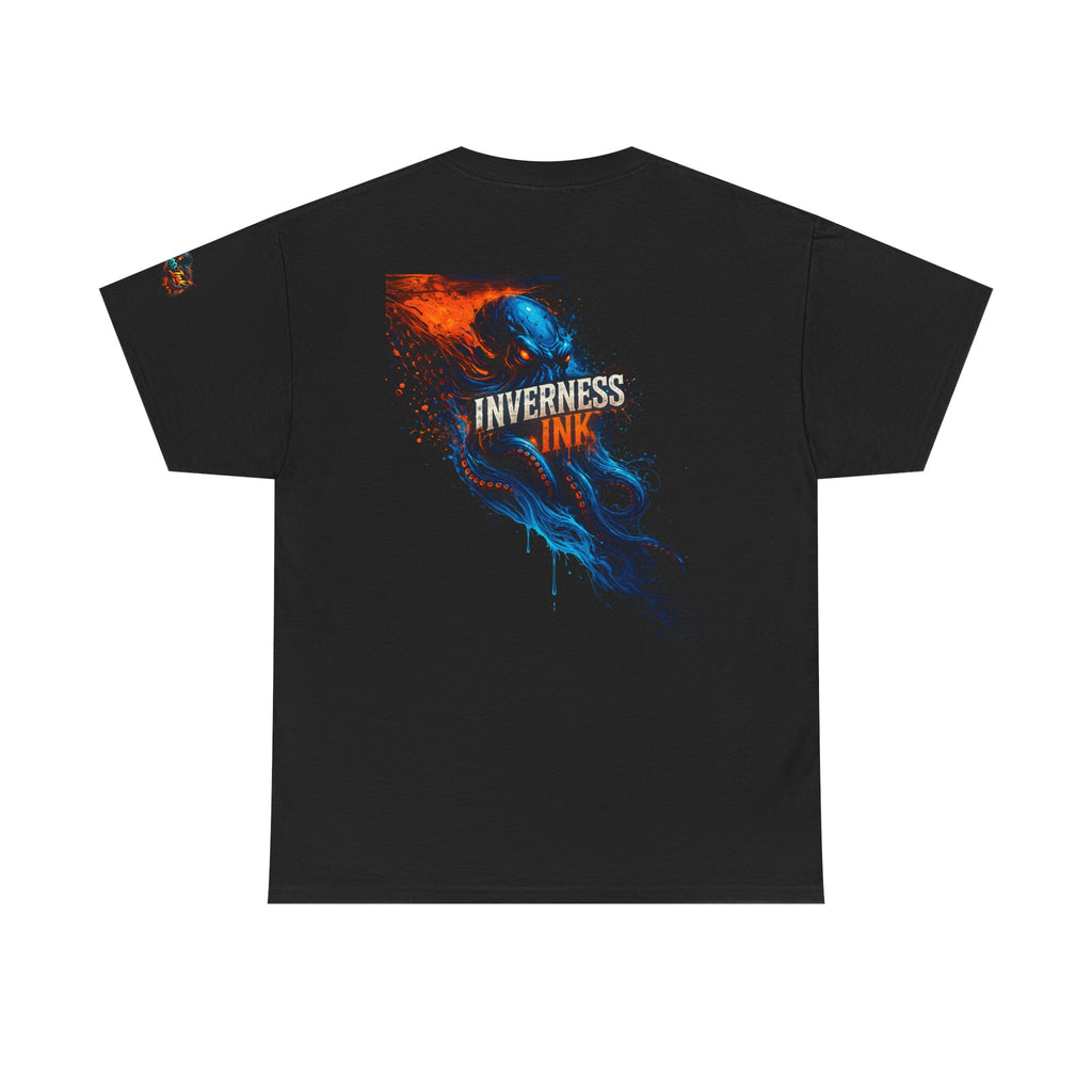 Inverness Ink Graphic Tee — Bold Blue & Orange Splash Backprint