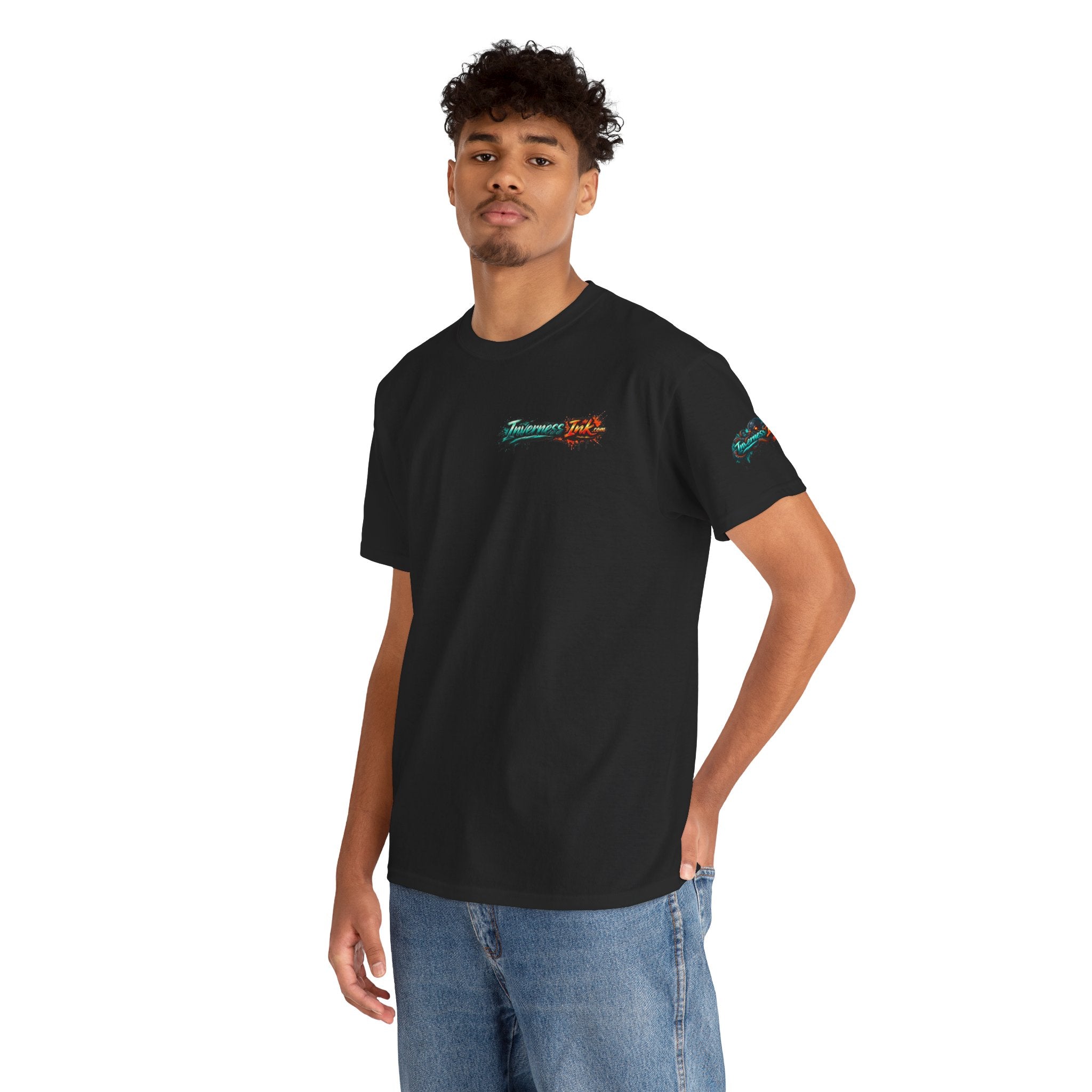 Inverness Ink Graphic Tee — Bold Blue & Orange Splash Backprint