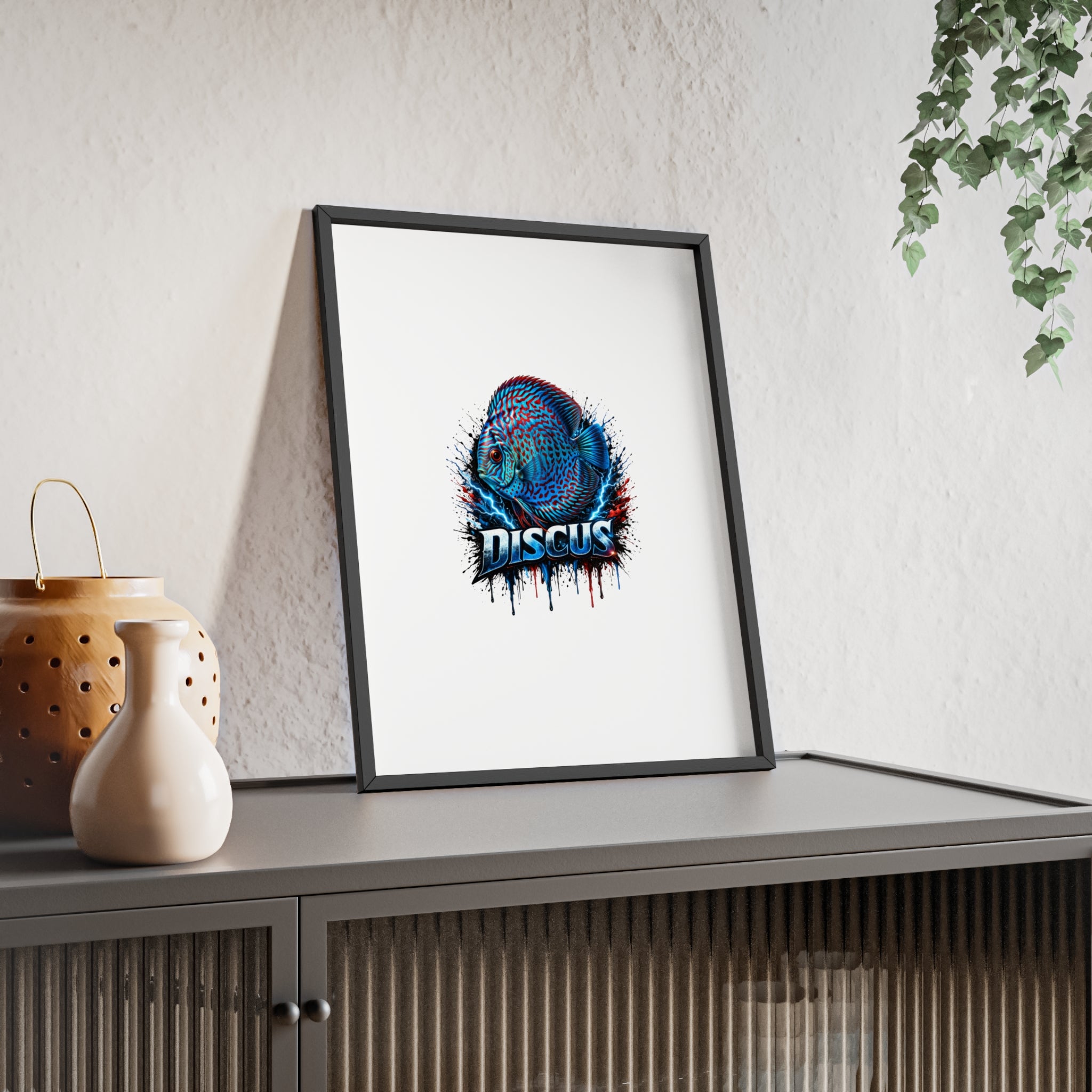 Discus Fish Poster with Wooden Frame — Colorful Aquarium Art Print
