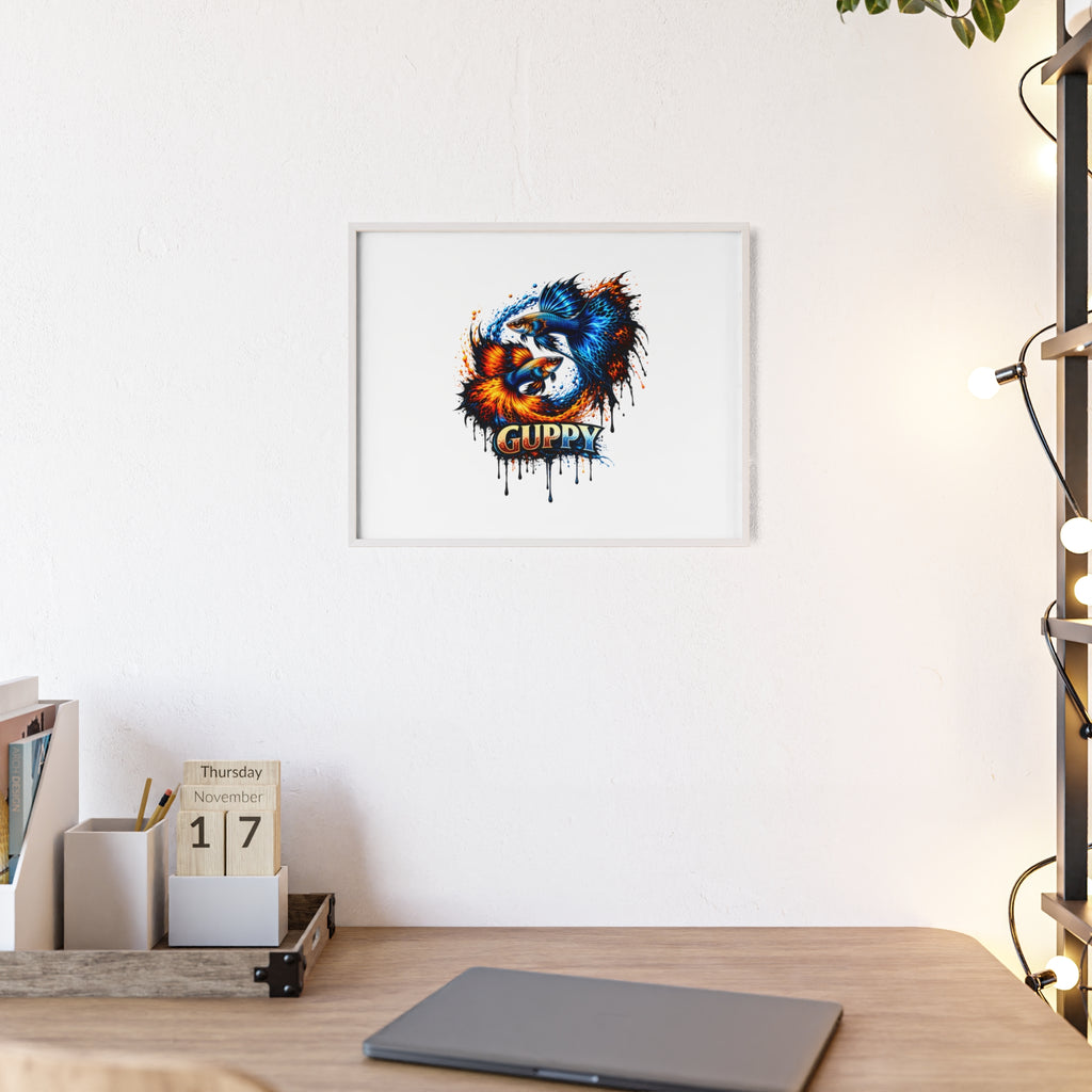 Guppy Fish Art Poster with Wooden Frame — Colorful Koi-Style Aquarium Print