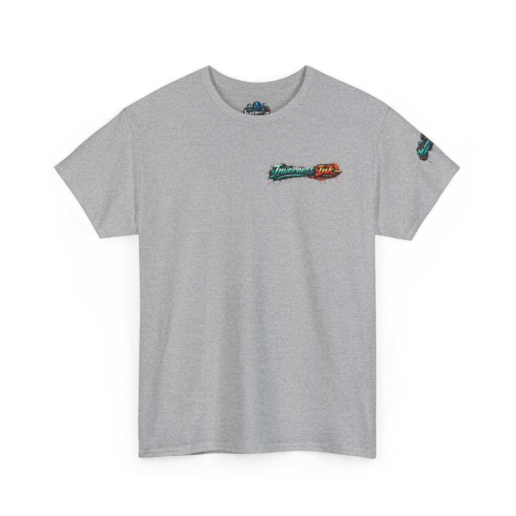 Inverness Ink Graphic Tee — Bold Blue & Orange Splash Backprint