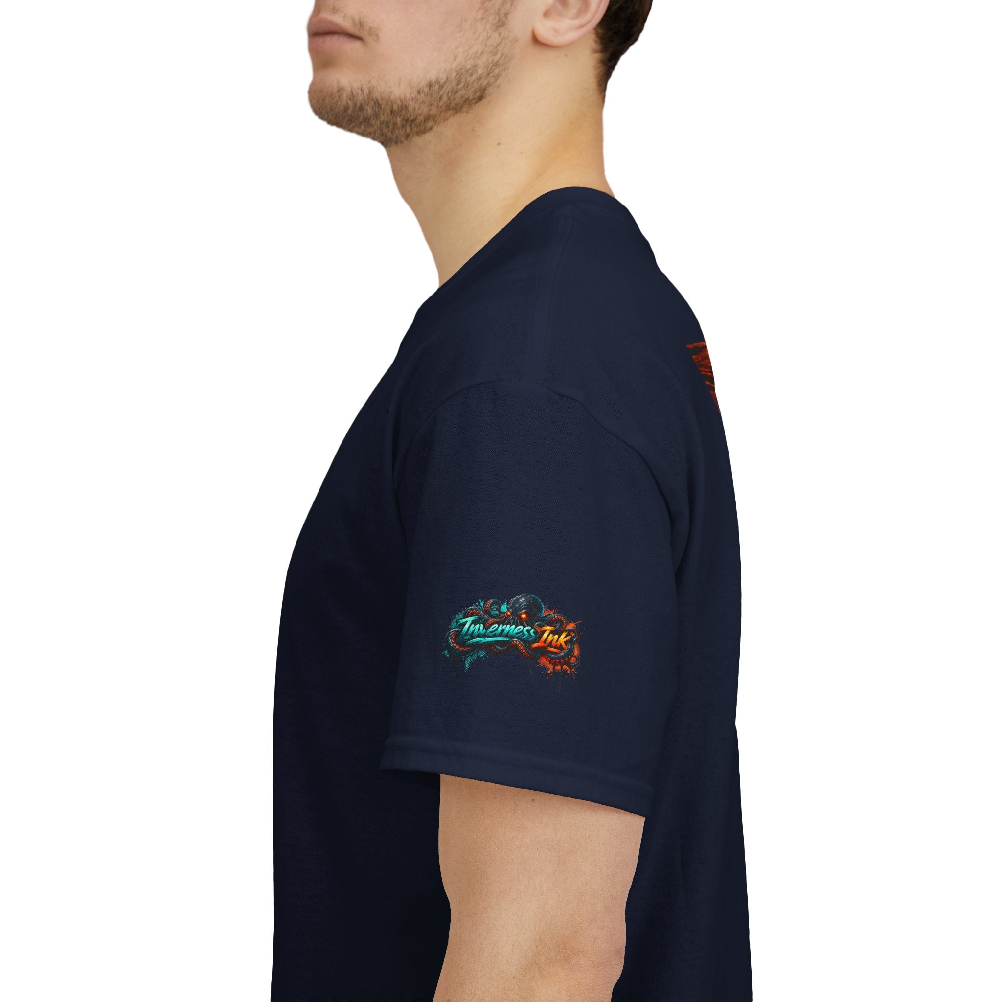 Inverness Ink Graphic Tee — Bold Blue & Orange Splash Backprint