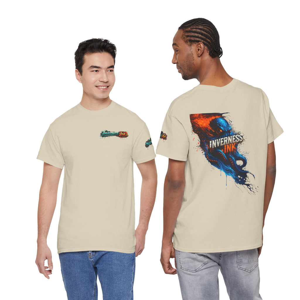 Inverness Ink Graphic Tee — Bold Blue & Orange Splash Backprint