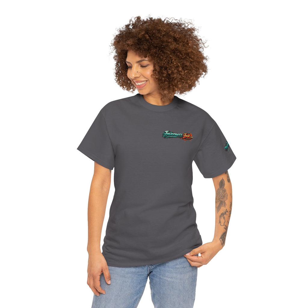 Inverness Ink Graphic Tee — Bold Blue & Orange Splash Backprint