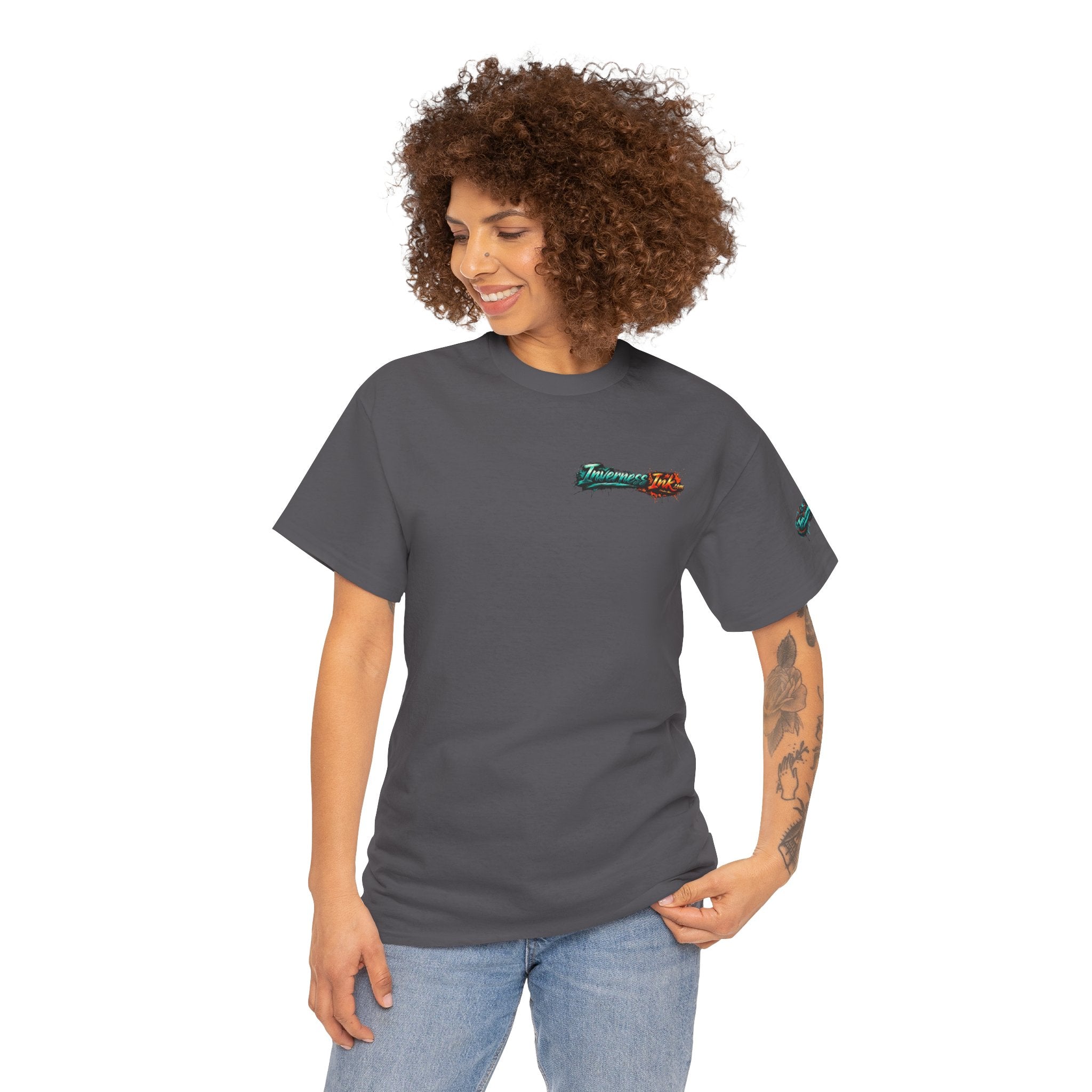 Inverness Ink Graphic Tee — Bold Blue & Orange Splash Backprint