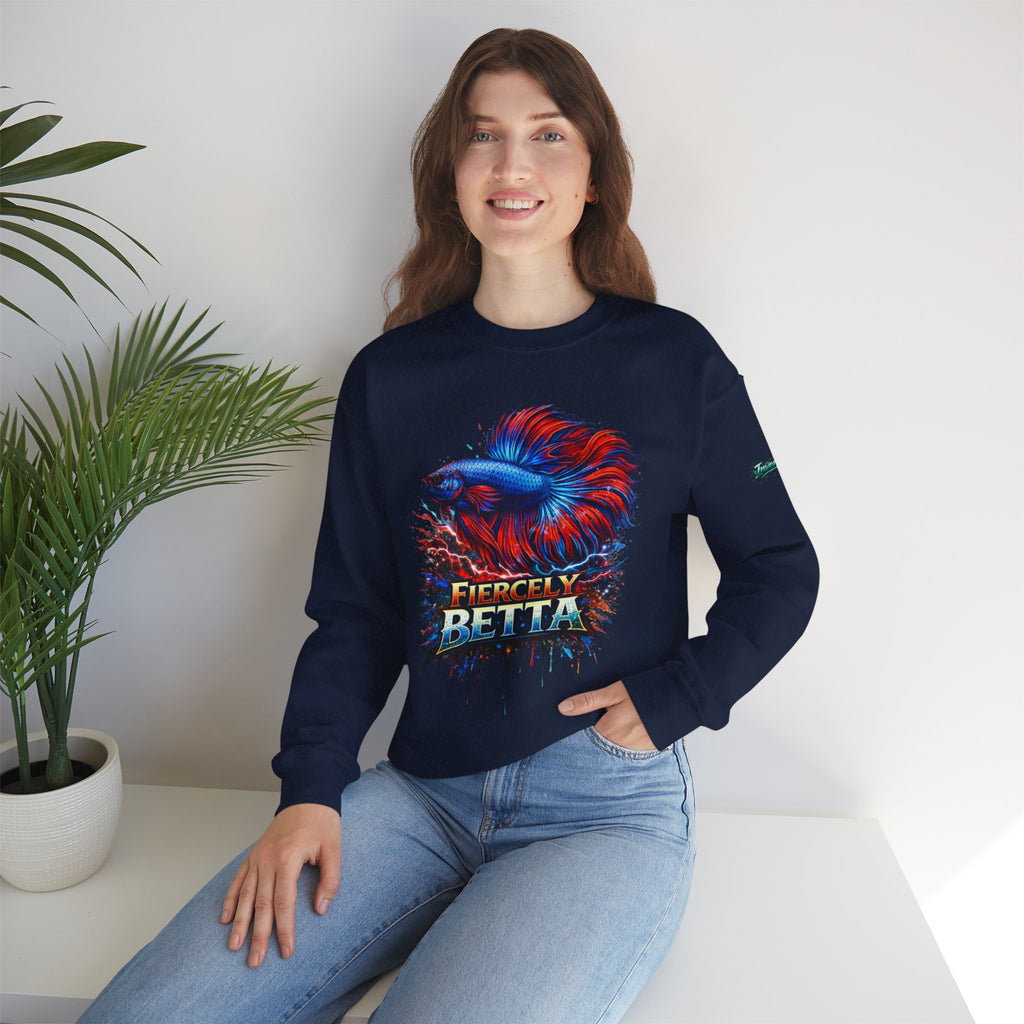 Betta Fish Crewneck Sweatshirt — "Fiercely Betta" Colorful Aquarium Graphic
