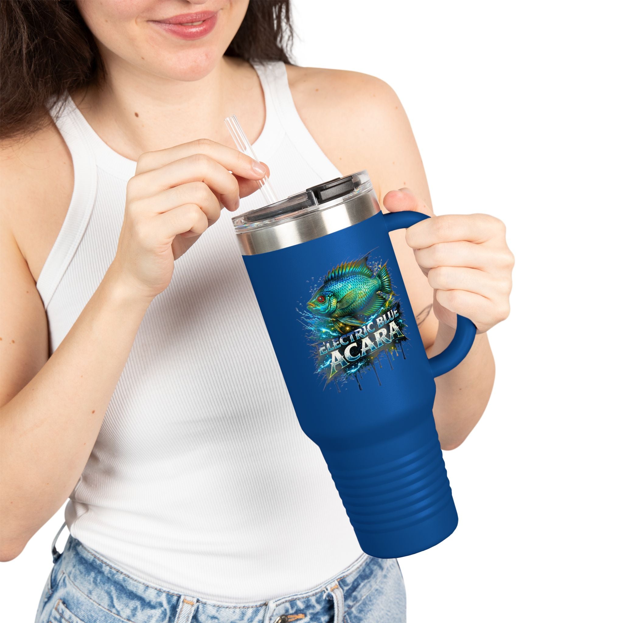 40oz Insulated Travel Mug - 'Electric Blue Acara' Fish Graphic, Leak-Resistant Tumbler for Aquarium Enthusiasts