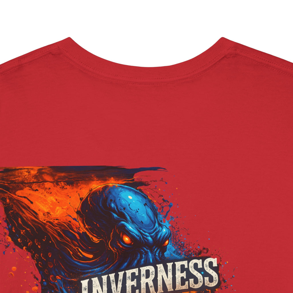 Inverness Ink Graphic Tee — Bold Blue & Orange Splash Backprint