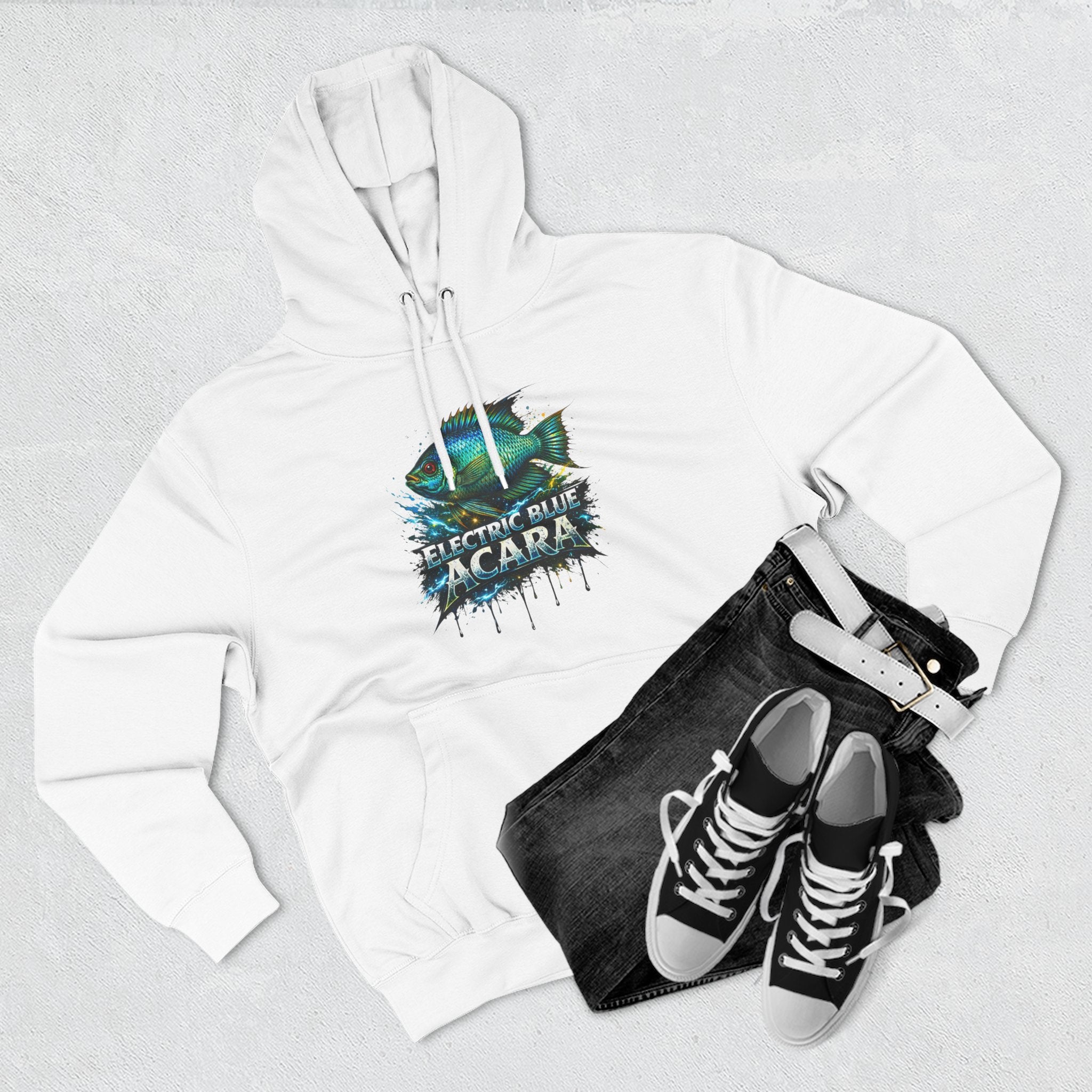Electric Blue Acara Hoodie — Colorful Aquarium Fish Graphic Fleece Pullover