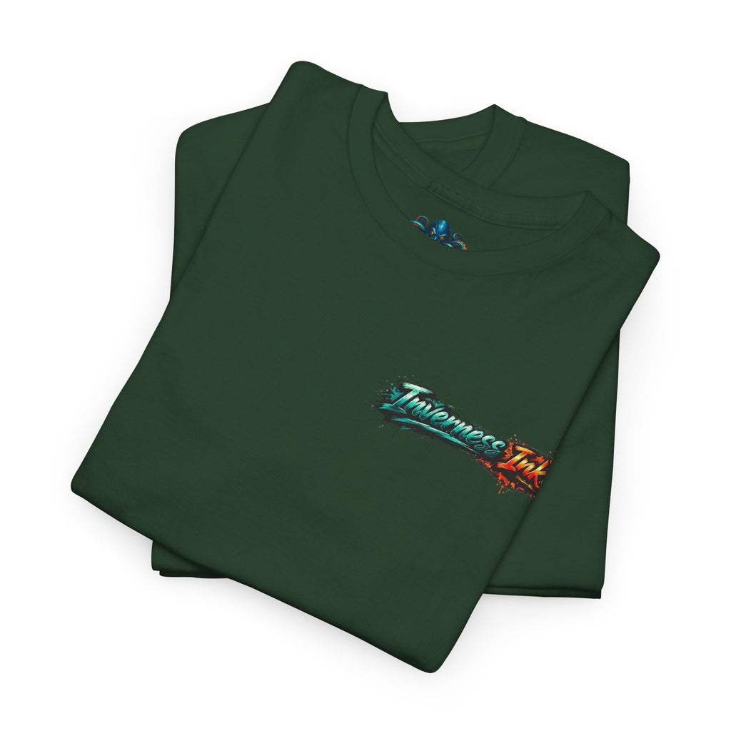 Inverness Ink Graphic Tee — Bold Blue & Orange Splash Backprint