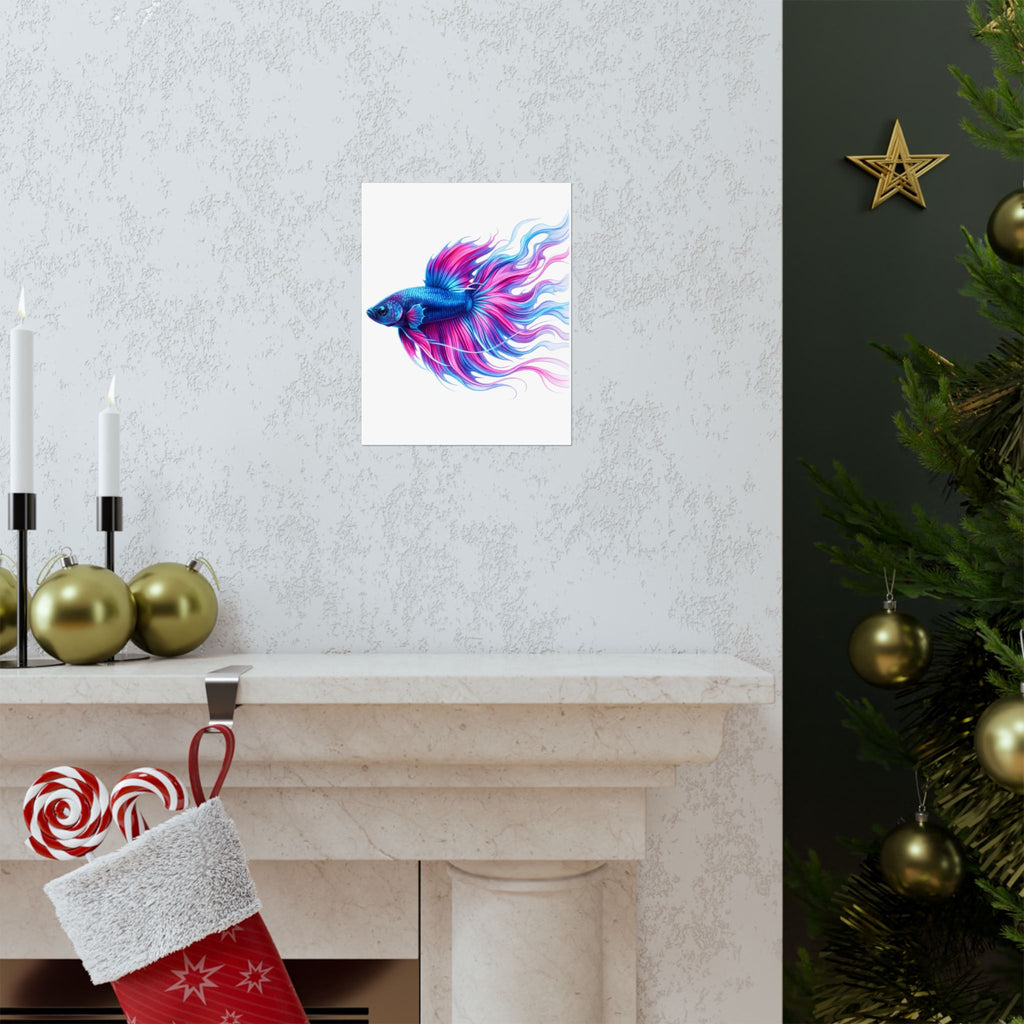 Betta Fish Art Poster — Colorful Blue & Pink Matte Vertical Wall Print