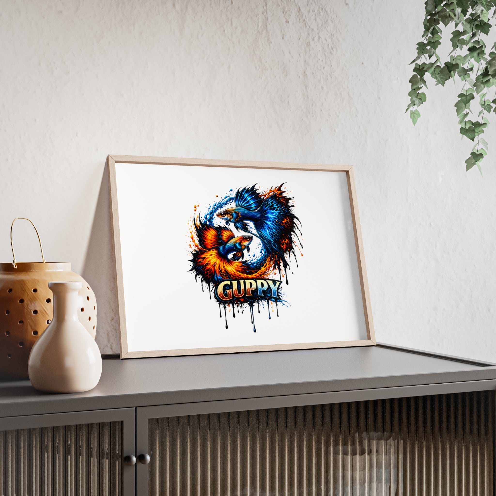 Guppy Fish Art Poster with Wooden Frame — Colorful Koi-Style Aquarium Print