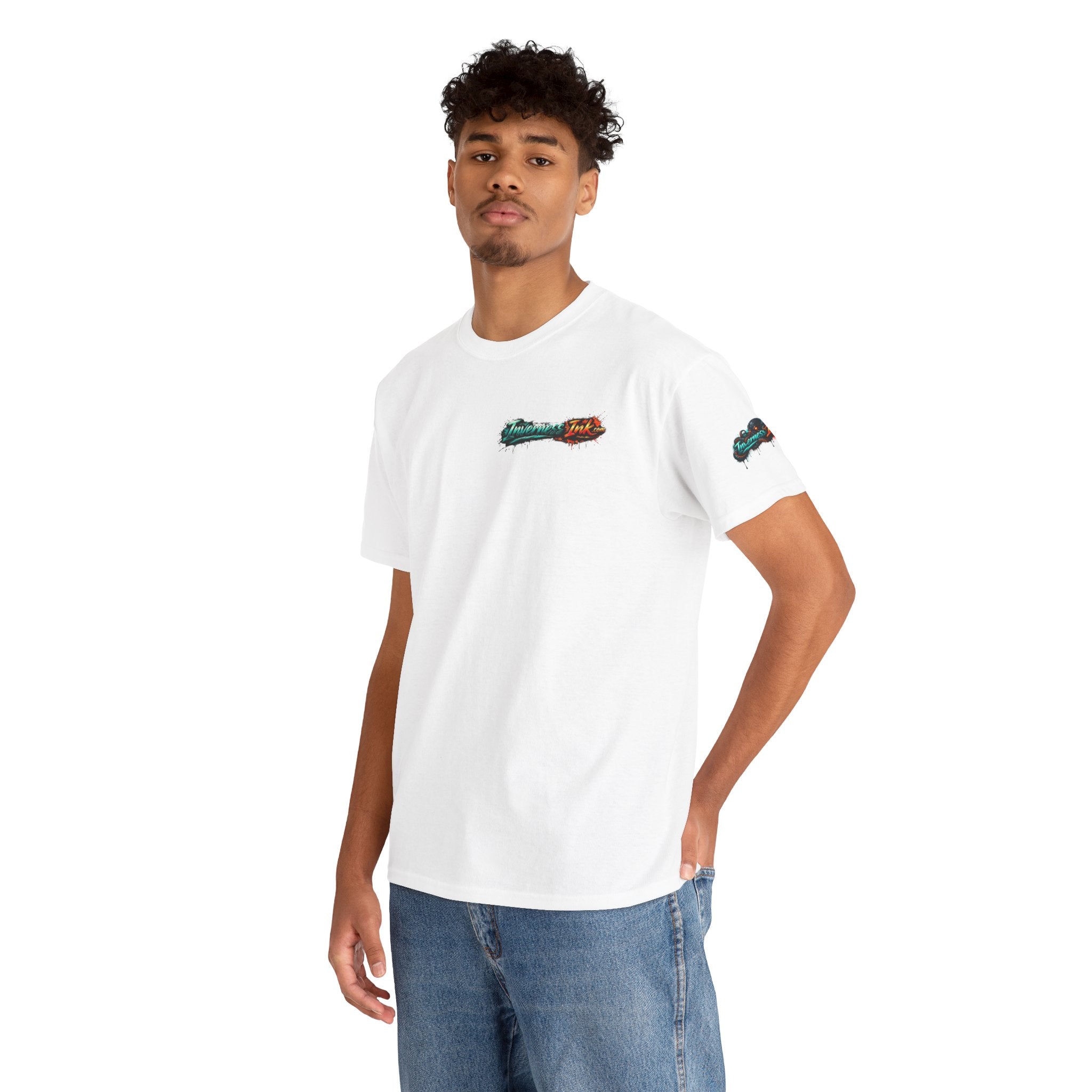 Inverness Ink Graphic Tee — Bold Blue & Orange Splash Backprint