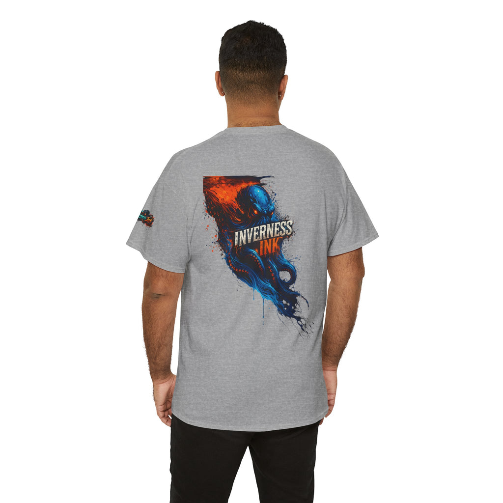 Inverness Ink Graphic Tee — Bold Blue & Orange Splash Backprint