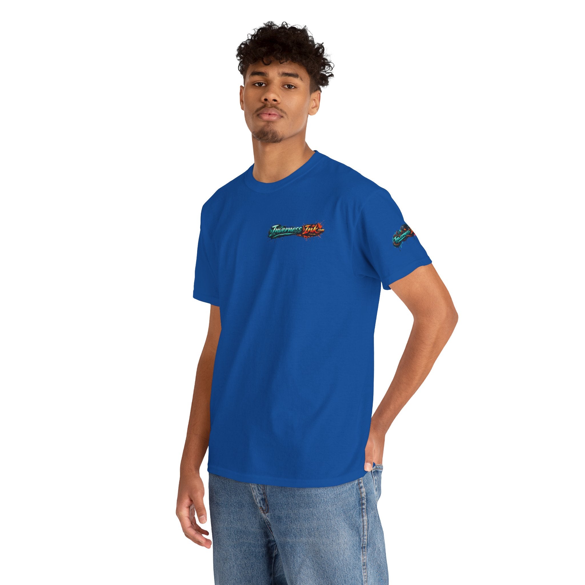 Inverness Ink Graphic Tee — Bold Blue & Orange Splash Backprint